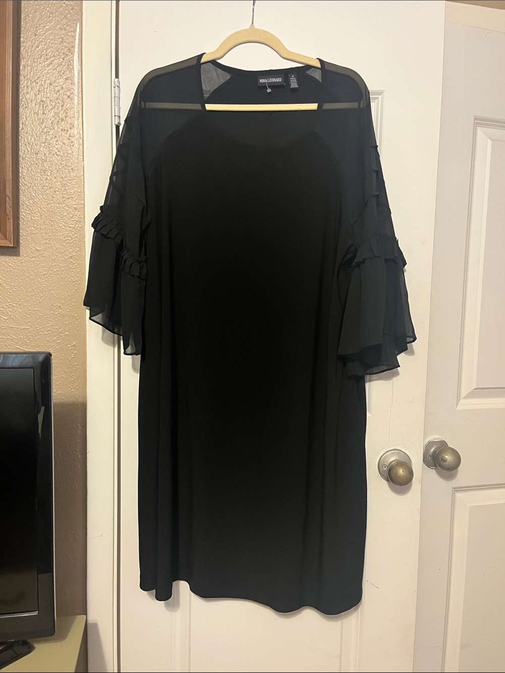 Nina Leonard Black Midi Dress with Sheer Ruffle Sleeves